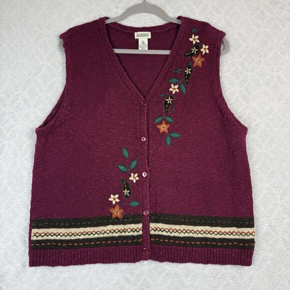 Vtg Sweater Vest Womens XL Burgundy Floral Embroidered Knit Grandma Cottage Boho - Picture 1 of 9